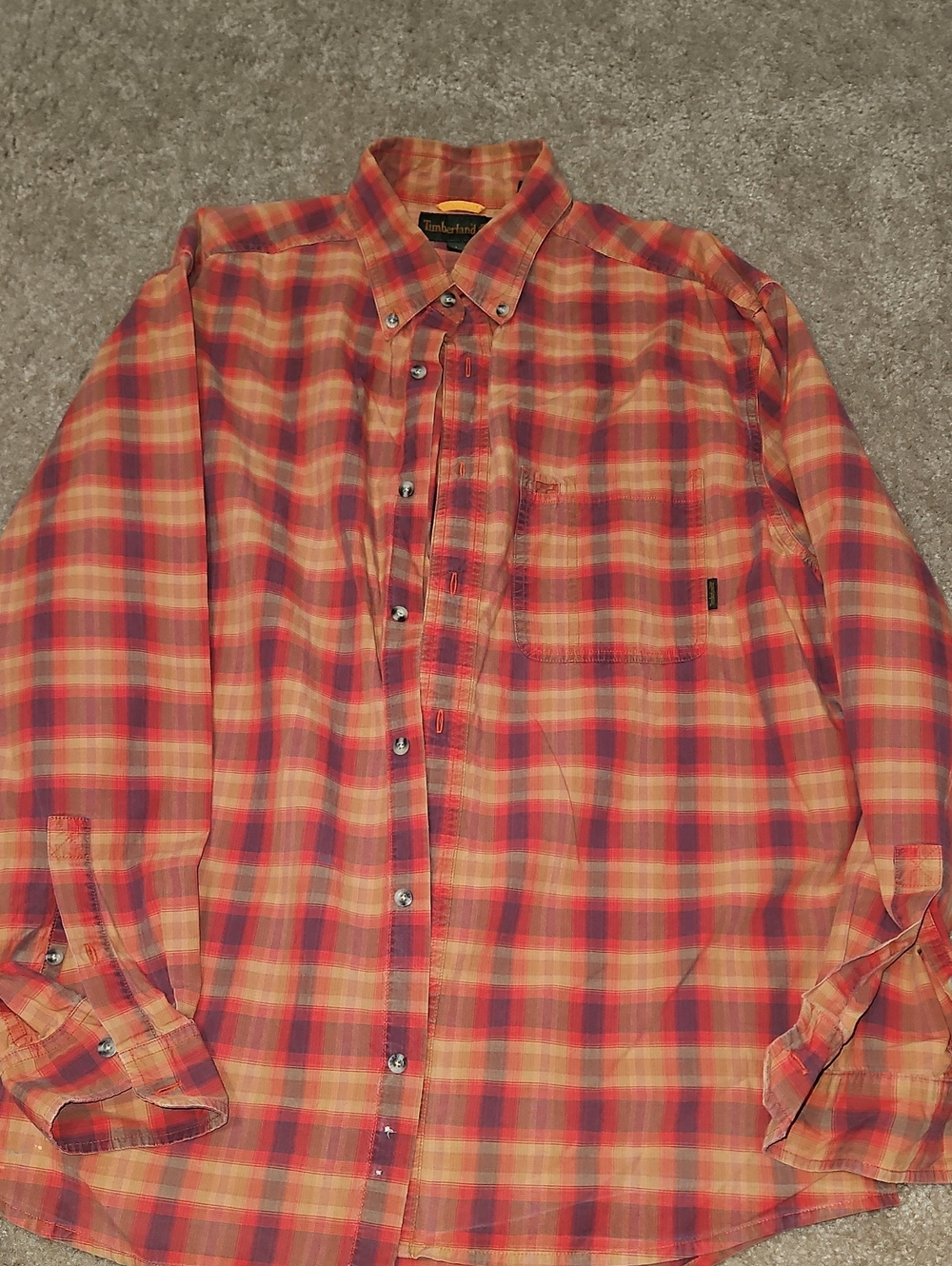 Timberland Red Orange Plaid Button-Down Shirt